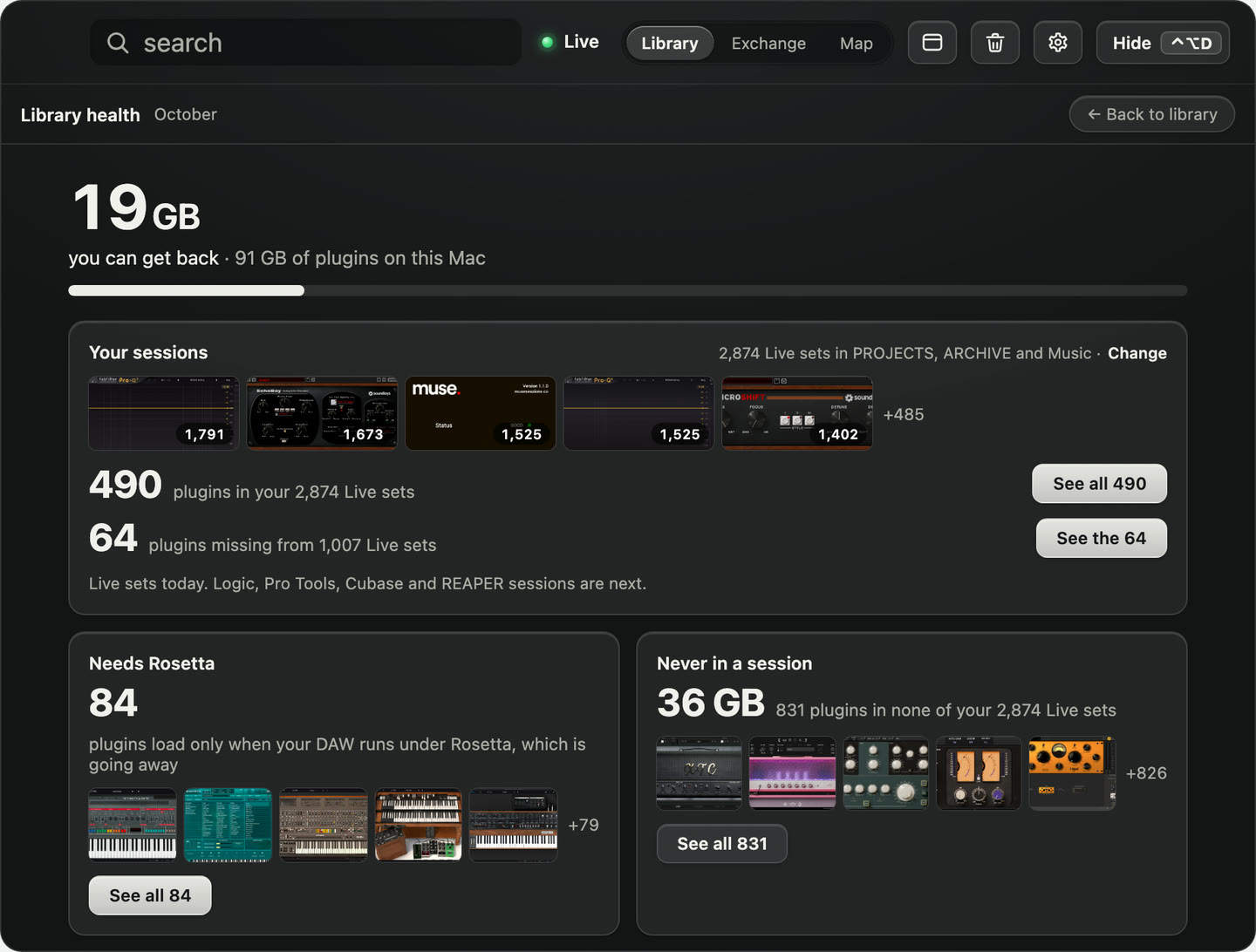 The Plugindex Library health page: 19 GB you can get back of 91 GB of plugins on this Mac; 490 plugins in 2,874 Live sets, 64 of them missing from 1,007 sets; 84 plugins that need Rosetta; and 831 plugins in none of the sets.