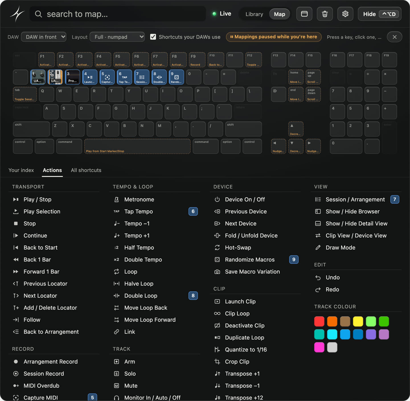 The Plugindex Map page with Ableton Live in front and the Actions tab open. Keys 1 to 3 carry three plugins with their pictures; 4 to 9 carry Launch Scene, Capture MIDI, Tap Tempo, Session / Arrangement, Double Loop and Randomize Macros, each wearing its icon. Below the keyboard, Live's controls in groups, each bound one marked with its key.
