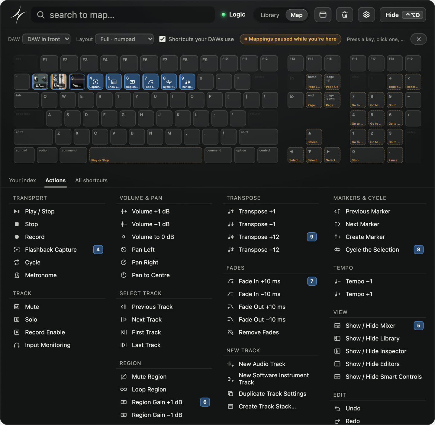 The same page with Logic Pro in front. The same keys now carry Flashback Capture, Show / Hide Mixer, Region Gain +1 dB, Fade In +10 ms, Cycle the Selection and Transpose +12, and the sheet lists Logic's controls in Logic's own groups.