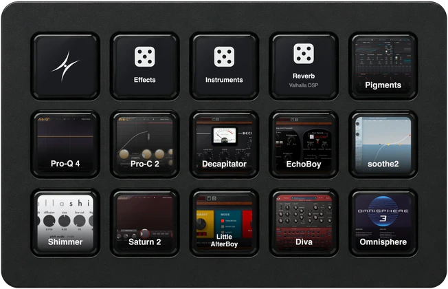 A Stream Deck in front of the iPad with Plugindex on its fifteen keys, most of them plugins wearing their pictures.