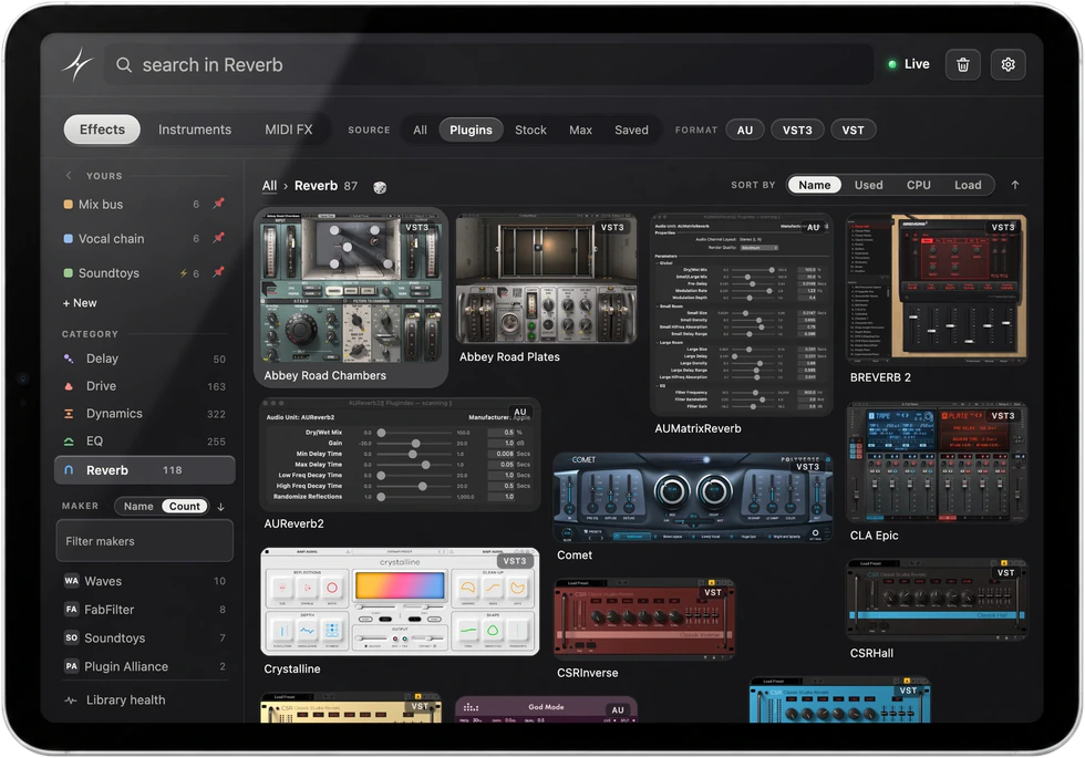 Plugindex on an iPad, open on its Reverb plugins, each with its picture.